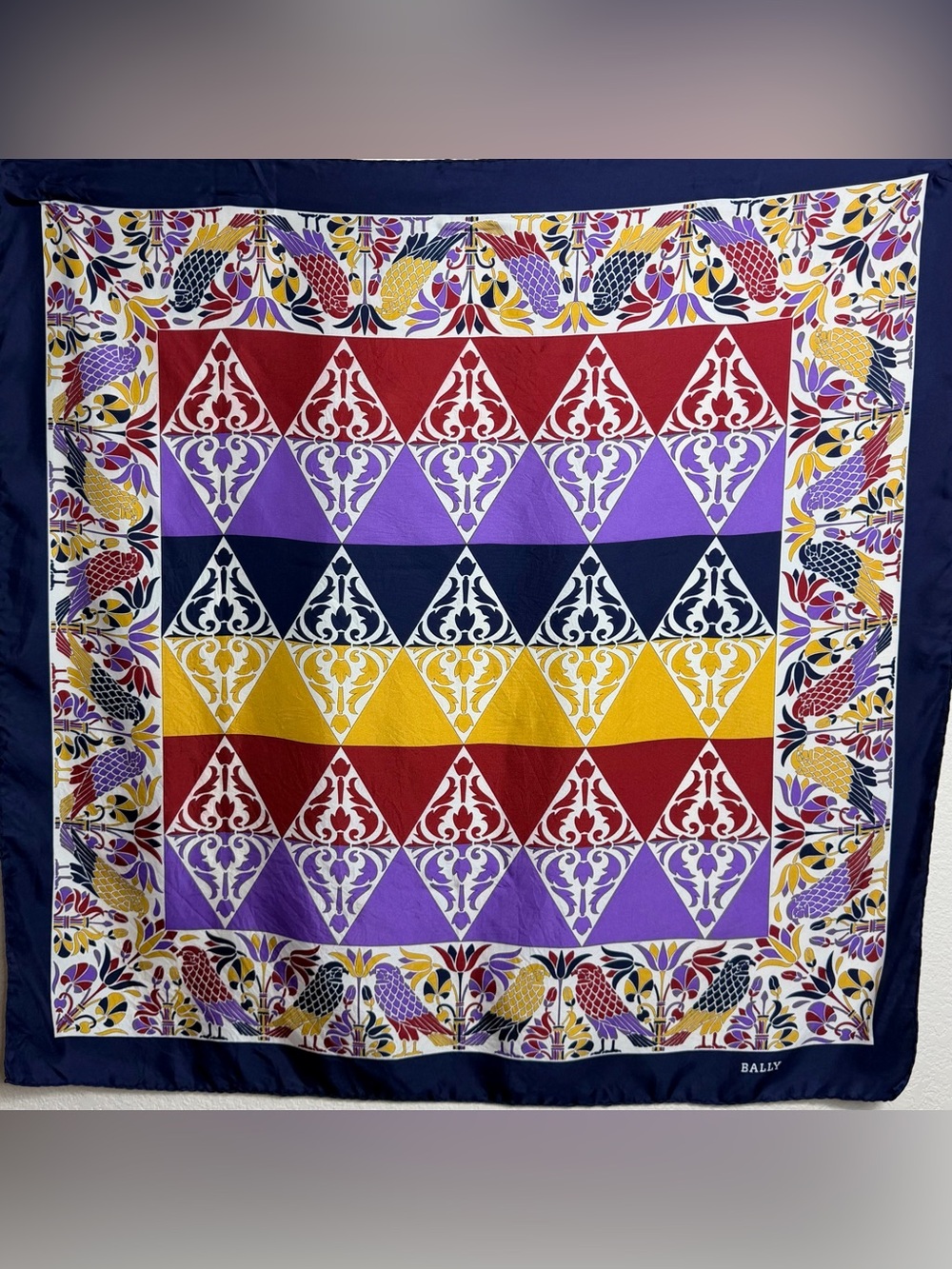 Bally 100% Silk Scarf in Navy, Red, Purple & Yellow